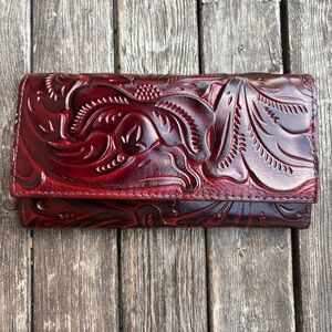 Patricia Nash Teresa Florence Oxblood Tooled Full Grain Leather Wallet